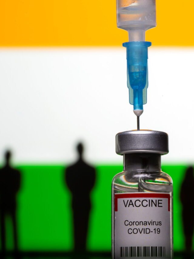 3D-printed small toy figurines, a syringe and vial labelled "coronavirus disease (COVID-19) vaccine" are seen in front of India flag in this illustration